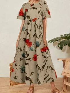 New Women's Maxi Dress Cotton Linen Dresses Casual Dress Swing Dress Cotton Maxi Dress Stylish Casual Vacation Daily Regular Fit Floral Short Sleeve Crew Neck Light Yellow Green Summer Women Dresses