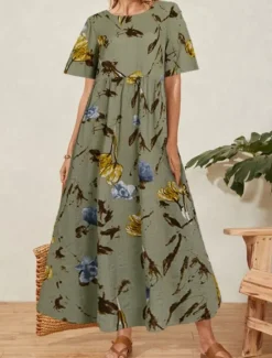 New Women's Maxi Dress Cotton Linen Dresses Casual Dress Swing Dress Cotton Maxi Dress Stylish Casual Vacation Daily Regular Fit Floral Short Sleeve Crew Neck Light Yellow Green Summer Women Dresses
