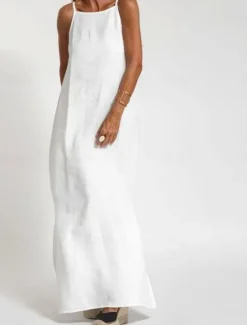 Sale Women's Maxi Dress Cotton Linen Dresses Casual Dress Slip Dress Basic Casual Vacation Daily Regular Fit Plain Sleeveless Strap White Army Green Summer Women Dresses