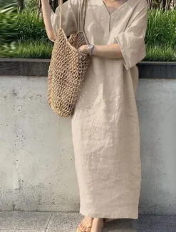 Online Women's Maxi Dress Cotton Linen Dresses Casual Dress Basic Casual Vacation Daily Date Regular Fit Plain Short Sleeve V Neck Khaki Army Green Dark Blue Gray Summer Women Dresses