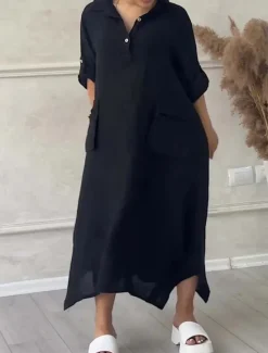 Online Women's Maxi Dress Cotton Linen Dresses Casual Dress Elegant Stylish Basic Vacation Daily Loose Fit Plain Long Sleeve Shirt Collar Black White Yellow Purple Spring Fall Women Dresses