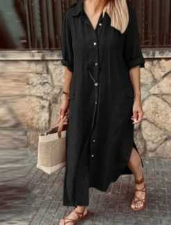 Women's Maxi Dress Cotton Linen Dresses Casual Dress Elegant Stylish Basic Vacation Daily Date Loose Fit Plain Long Sleeve Shirt Collar Black White Khaki Army Green Spring Fall Women Dresses