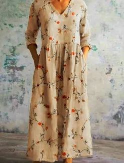 Hot Women's Maxi Dress Cotton Linen Dresses Cotton Linen Dress Casual Daily Regular Fit Floral 3/4 Length Sleeve V Neck Yellow Green Gray Spring Fall Women Spring Dresses|Dresses