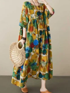 Women's Maxi Dress Cotton Linen Dresses Casual Dress Boho Chic Dresses Basic Casual Vacation Daily Regular Fit Graphic Short Sleeve Crew Neck Red Blue Summer Women Dresses