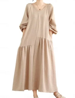 Best Women's Maxi Dress Cotton Linen Dresses Casual Dress Basic Casual Vacation Daily Regular Fit Plain Long Sleeve V Neck Black Apricot Summer Women Dresses