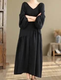 Best Women's Maxi Dress Cotton Linen Dresses Casual Dress Basic Casual Vacation Daily Regular Fit Plain Long Sleeve V Neck Black Apricot Summer Women Dresses