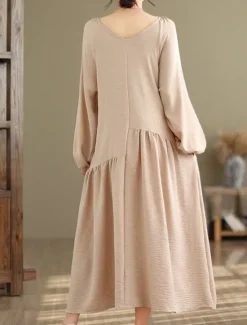Best Women's Maxi Dress Cotton Linen Dresses Casual Dress Basic Casual Vacation Daily Regular Fit Plain Long Sleeve V Neck Black Apricot Summer Women Dresses