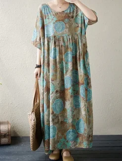 Discount Women's Maxi Dress Cotton Linen Dresses Casual Dress Basic Casual Vacation Daily Regular Fit Graphic Half Sleeve Crew Neck Red Green Summer Women Dresses