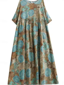 Discount Women's Maxi Dress Cotton Linen Dresses Casual Dress Basic Casual Vacation Daily Regular Fit Graphic Half Sleeve Crew Neck Red Green Summer Women Dresses