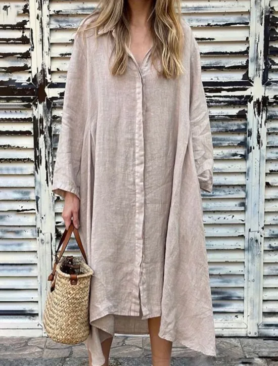 Online Women's Maxi Dress Cotton Linen Dresses Shirt Dress Casual Dress Cotton Maxi Dress Basic Casual Vacation Daily Regular Fit Plain Long Sleeve Shirt Collar Dark Green Apricot Gray Summer Women Dresses