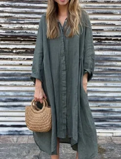 Online Women's Maxi Dress Cotton Linen Dresses Shirt Dress Casual Dress Cotton Maxi Dress Basic Casual Vacation Daily Regular Fit Plain Long Sleeve Shirt Collar Dark Green Apricot Gray Summer Women Dresses