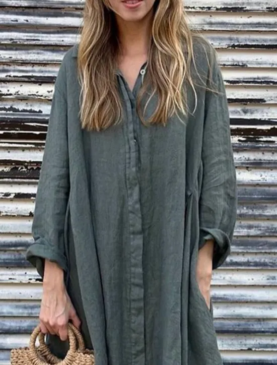 Online Women's Maxi Dress Cotton Linen Dresses Shirt Dress Casual Dress Cotton Maxi Dress Basic Casual Vacation Daily Regular Fit Plain Long Sleeve Shirt Collar Dark Green Apricot Gray Summer Women Dresses