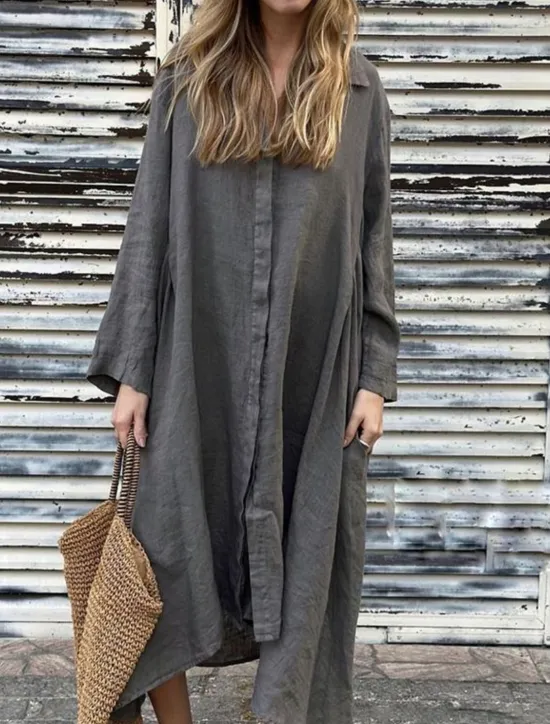 Online Women's Maxi Dress Cotton Linen Dresses Shirt Dress Casual Dress Cotton Maxi Dress Basic Casual Vacation Daily Regular Fit Plain Long Sleeve Shirt Collar Dark Green Apricot Gray Summer Women Dresses