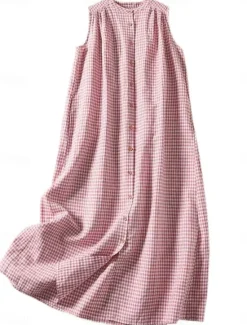 Discount Women's Maxi Dress Cotton Linen Dresses Casual Dress Tank Dress Cotton Maxi Dress Basic Casual Vacation Daily Regular Fit Plaid Sleeveless V Neck Summer Women Dresses