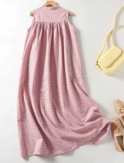 Discount Women's Maxi Dress Cotton Linen Dresses Casual Dress Tank Dress Cotton Maxi Dress Basic Casual Vacation Daily Regular Fit Plaid Sleeveless V Neck Summer Women Dresses