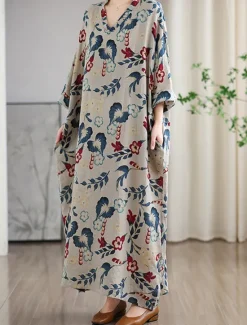 Clearance Women's Maxi Dress Cotton Linen Dresses Casual Dress Basic Casual Vacation Daily Regular Fit Floral Long Sleeve V Neck Summer Women Spring Dresses