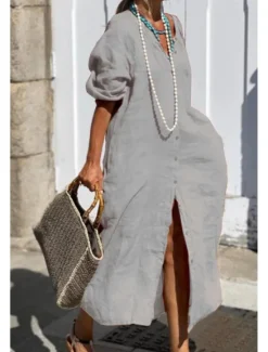Sale Women's Maxi Dress Cotton Linen Dresses Shirt Dress Casual Dress Basic Casual Vacation Daily Regular Fit Plain Long Sleeve Shirt Collar Summer Spring Women Dresses