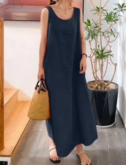 Hot Women's Maxi Dress Cotton Linen Dresses Basic Casual Vacation Daily Regular Fit Plain Sleeveless Crew Neck Yellow Navy Blue Green Summer Women Dresses
