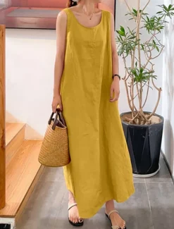 Hot Women's Maxi Dress Cotton Linen Dresses Basic Casual Vacation Daily Regular Fit Plain Sleeveless Crew Neck Yellow Navy Blue Green Summer Women Dresses