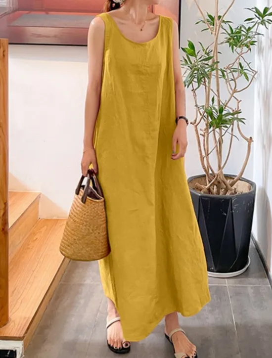 Hot Women's Maxi Dress Cotton Linen Dresses Basic Casual Vacation Daily Regular Fit Plain Sleeveless Crew Neck Yellow Navy Blue Green Summer Women Dresses