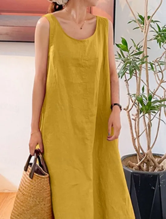 Hot Women's Maxi Dress Cotton Linen Dresses Basic Casual Vacation Daily Regular Fit Plain Sleeveless Crew Neck Yellow Navy Blue Green Summer Women Dresses