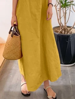 Hot Women's Maxi Dress Cotton Linen Dresses Basic Casual Vacation Daily Regular Fit Plain Sleeveless Crew Neck Yellow Navy Blue Green Summer Women Dresses