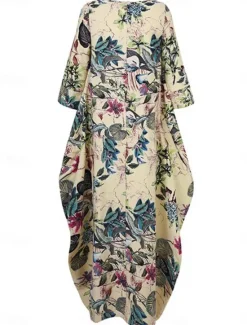 Women's Maxi Dress Cotton Linen Dresses Casual Dress Basic Casual Vacation Daily Regular Fit Floral Long Sleeve Crew Neck Magenta Navy Blue Orange Summer Women Spring Dresses|Dresses
