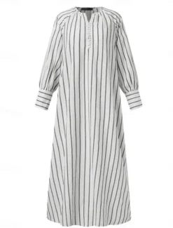 Hot Women's Maxi Dress Cotton Linen Dresses Casual Dress Basic Casual Vacation Daily Regular Fit Stripe Long Sleeve V Neck White Summer Spring Women Dresses