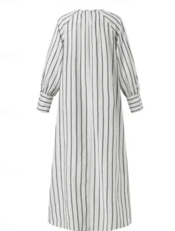 Hot Women's Maxi Dress Cotton Linen Dresses Casual Dress Basic Casual Vacation Daily Regular Fit Stripe Long Sleeve V Neck White Summer Spring Women Dresses