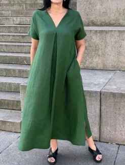 New Women's Maxi Dress Cotton Linen Dresses Casual Dress Swing Dress Cotton Maxi Dress Basic Casual Vacation Daily Regular Fit Plain Short Sleeve V Neck Black Green Summer Women Dresses