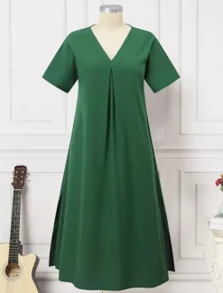 New Women's Maxi Dress Cotton Linen Dresses Casual Dress Swing Dress Cotton Maxi Dress Basic Casual Vacation Daily Regular Fit Plain Short Sleeve V Neck Black Green Summer Women Dresses