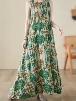 Hot Women's Maxi Dress Cotton Linen Dresses Casual Dress Boho Chic Dresses Tank Dress Bohemia Casual Boho Vacation Daily Beach Loose Fit Geometric Sleeveless Crew Neck Summer Women Spring Dresses