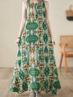 Hot Women's Maxi Dress Cotton Linen Dresses Casual Dress Boho Chic Dresses Tank Dress Bohemia Casual Boho Vacation Daily Beach Loose Fit Geometric Sleeveless Crew Neck Summer Women Spring Dresses