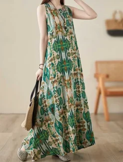 Hot Women's Maxi Dress Cotton Linen Dresses Casual Dress Boho Chic Dresses Tank Dress Bohemia Casual Boho Vacation Daily Beach Loose Fit Geometric Sleeveless Crew Neck Summer Women Spring Dresses
