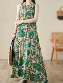 Hot Women's Maxi Dress Cotton Linen Dresses Casual Dress Boho Chic Dresses Tank Dress Bohemia Casual Boho Vacation Daily Beach Loose Fit Geometric Sleeveless Crew Neck Summer Women Spring Dresses