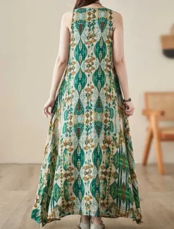 Hot Women's Maxi Dress Cotton Linen Dresses Casual Dress Boho Chic Dresses Tank Dress Bohemia Casual Boho Vacation Daily Beach Loose Fit Geometric Sleeveless Crew Neck Summer Women Spring Dresses