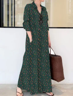 Outlet Women's Maxi Dress Cotton Linen Dresses Shirt Dress Elegant Vintage Stylish Vacation Party Daily Loose Fit Graphic Long Sleeve Shirt Collar Wine Royal Blue Green Spring Fall Winter Women Dresses