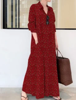 Outlet Women's Maxi Dress Cotton Linen Dresses Shirt Dress Elegant Vintage Stylish Vacation Party Daily Loose Fit Graphic Long Sleeve Shirt Collar Wine Royal Blue Green Spring Fall Winter Women Dresses