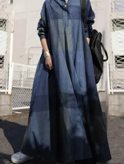 Clearance Women's Maxi Dress Cotton Linen Dresses Casual Dress Swing Dress Vintage Stylish Basic Vacation Work Daily Loose Fit Plaid Long Sleeve Shirt Collar Yellow Red Blue Spring Fall Women Dresses
