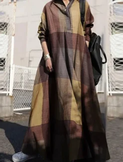 Clearance Women's Maxi Dress Cotton Linen Dresses Casual Dress Swing Dress Vintage Stylish Basic Vacation Work Daily Loose Fit Plaid Long Sleeve Shirt Collar Yellow Red Blue Spring Fall Women Dresses