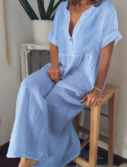 Discount Women's Maxi Dress Cotton Linen Dresses Casual Dress Basic Casual Vacation Daily Regular Fit Plain Short Sleeve V Neck Black White Purple Light Blue Summer Women Dresses