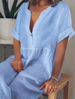 Discount Women's Maxi Dress Cotton Linen Dresses Casual Dress Basic Casual Vacation Daily Regular Fit Plain Short Sleeve V Neck Black White Purple Light Blue Summer Women Dresses