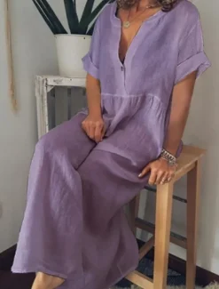Discount Women's Maxi Dress Cotton Linen Dresses Casual Dress Basic Casual Vacation Daily Regular Fit Plain Short Sleeve V Neck Black White Purple Light Blue Summer Women Dresses