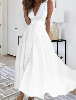 Best Women's Maxi Dress Elegant White V-Neck Sleeveless Cinched Waist A-Line Formal Evening Wedding Prom Spring Summer Full Size Flattering Fit Clothing Apparel Women White Dresses