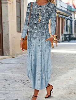 Clearance Women's Maxi Dress Ethnic Dress Print Dress Spring Dress Vintage Ethnic Tribal Outdoor Vacation Daily Regular Fit Floral Tribal Long Sleeve Crew Neck White Yellow Wine Blue Summer Spring Fall Women T Shirt Dresses