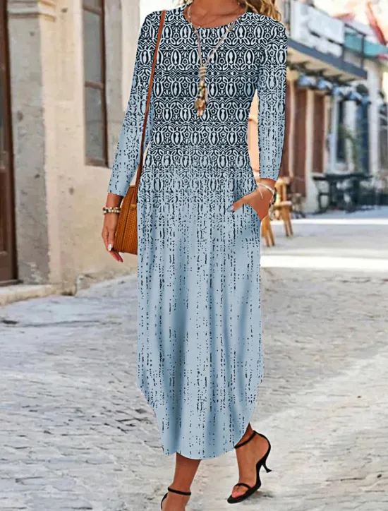 Clearance Women's Maxi Dress Ethnic Dress Print Dress Spring Dress Vintage Ethnic Tribal Outdoor Vacation Daily Regular Fit Floral Tribal Long Sleeve Crew Neck White Yellow Wine Blue Summer Spring Fall Women T Shirt Dresses
