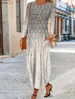 Clearance Women's Maxi Dress Ethnic Dress Print Dress Spring Dress Vintage Ethnic Tribal Outdoor Vacation Daily Regular Fit Floral Tribal Long Sleeve Crew Neck White Yellow Wine Blue Summer Spring Fall Women T Shirt Dresses
