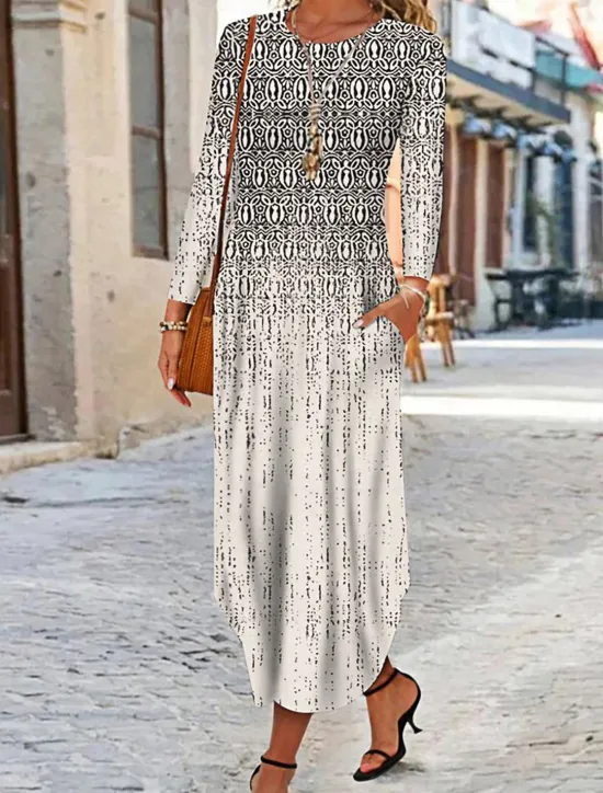 Clearance Women's Maxi Dress Ethnic Dress Print Dress Spring Dress Vintage Ethnic Tribal Outdoor Vacation Daily Regular Fit Floral Tribal Long Sleeve Crew Neck White Yellow Wine Blue Summer Spring Fall Women T Shirt Dresses