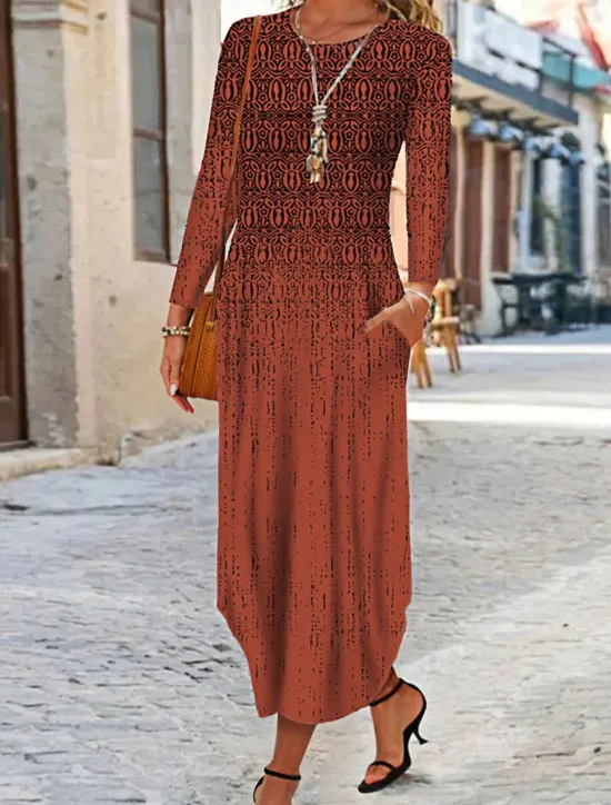 Clearance Women's Maxi Dress Ethnic Dress Print Dress Spring Dress Vintage Ethnic Tribal Outdoor Vacation Daily Regular Fit Floral Tribal Long Sleeve Crew Neck White Yellow Wine Blue Summer Spring Fall Women T Shirt Dresses