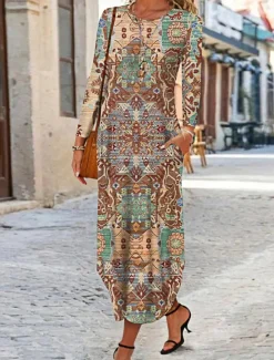 Clearance Women's Maxi Dress Ethnic Dress Print Dress Spring Dress Vintage Ethnic Tribal Outdoor Vacation Daily Regular Fit Floral Tribal Long Sleeve Crew Neck White Yellow Wine Blue Summer Spring Fall Women T Shirt Dresses